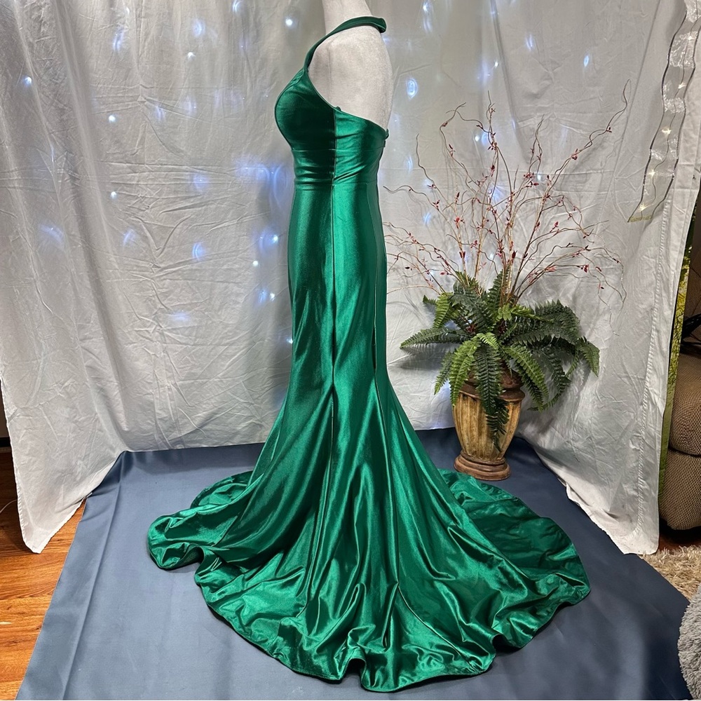 May Queen Emerald Green Satin Halter Mermaid Prom Dress - Picture 4 of 4